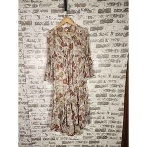 Boho Cottagecore Maxi High Low Dress Small Beige Floral Tiered Peasant Hippie